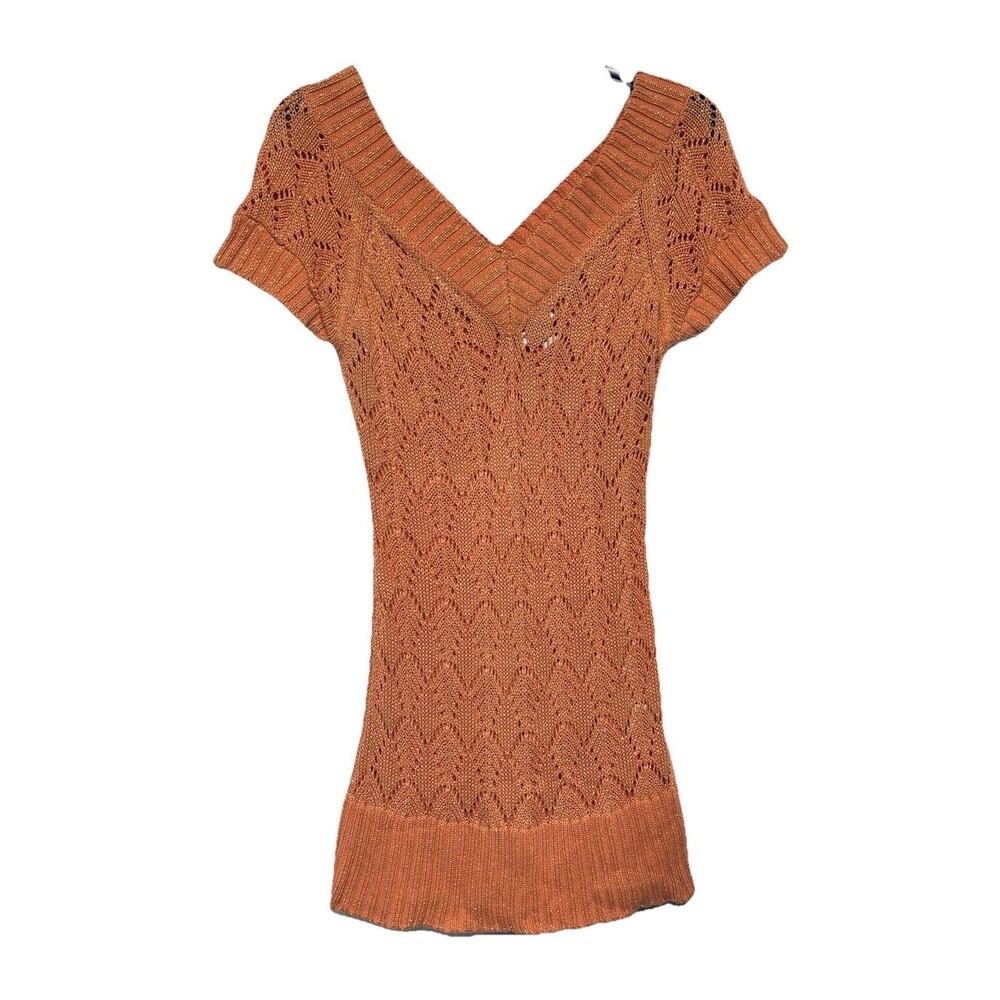 Cache Orange Metallic Short Sleeve V-Neck Fitted Sweater / Tunic Medium VTG